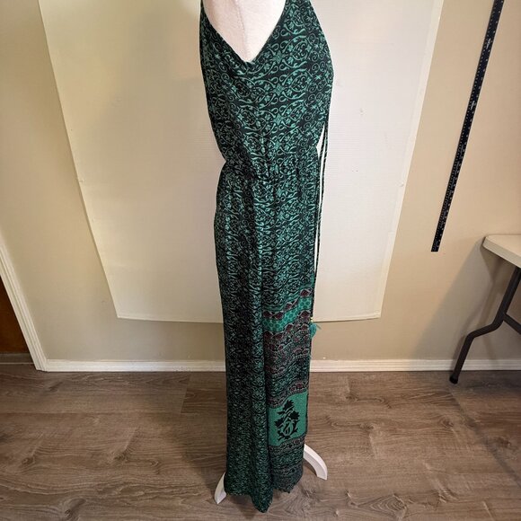 Earthbound Trading Women's Med Halter Maxi Green Paisley Dress Boho Flowy Slit - Picture 3 of 13